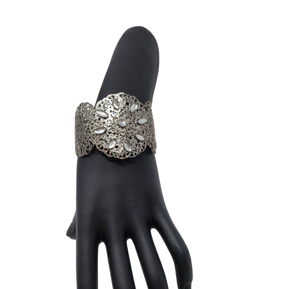 Vintage Fillagree Metal‎ Wide Cuff Bracelet Silver Rhinestone Perforated Scroll